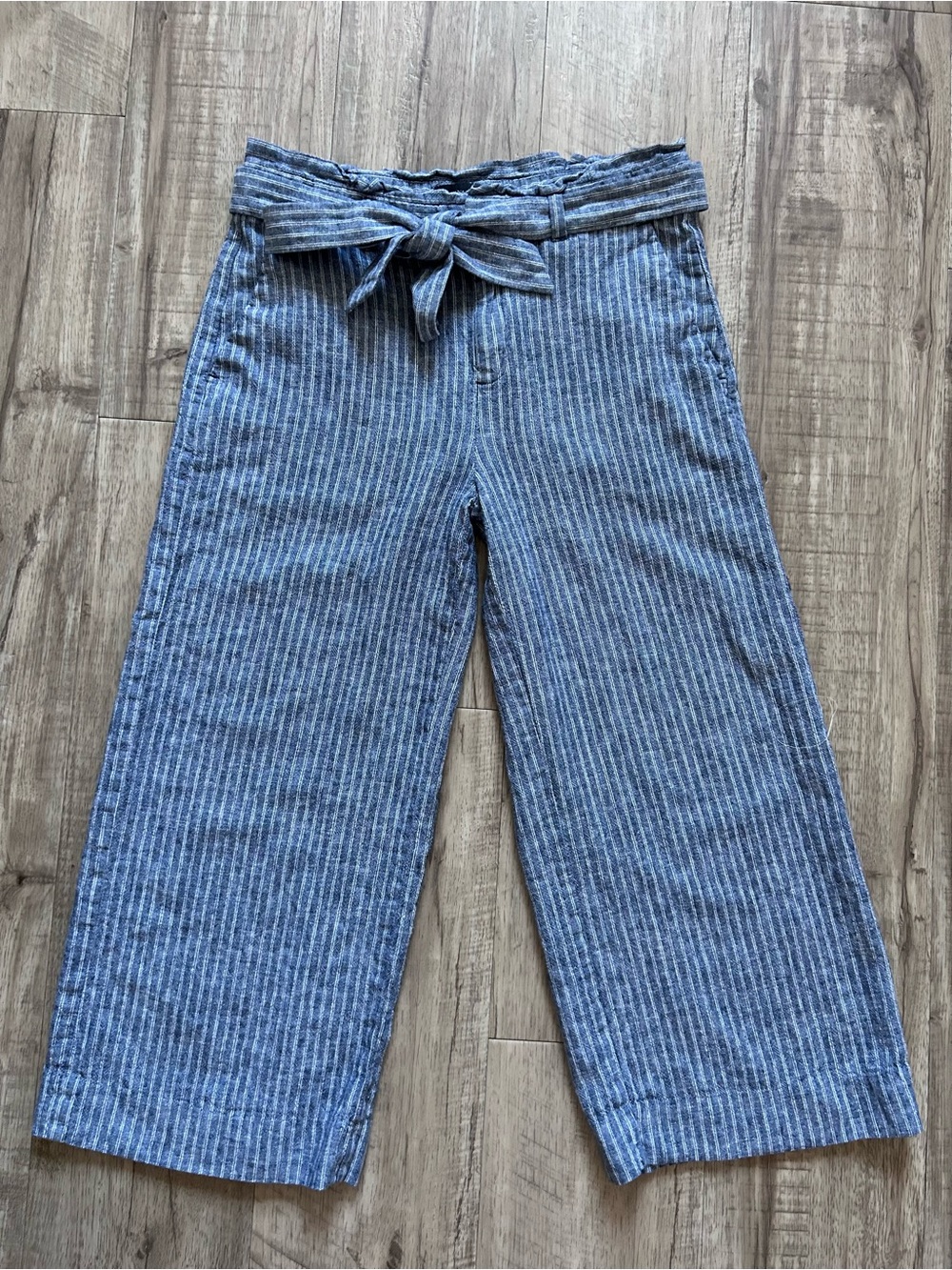 Linen blend wide leg belted Blue Striped Paperbag Waist Pants casual beachy